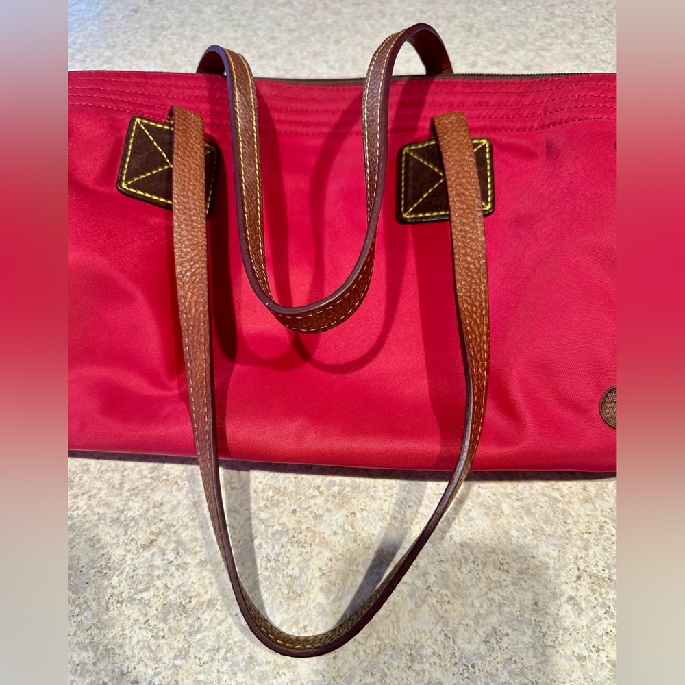 Vintage Dooney & Bourke Victoria Nylon Tote, Red w/ hot pink interior, leather - Picture 12 of 16